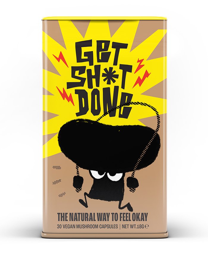 Yellow Shroomies tin reading Get Sh*t Done, with the mushroom character skipping